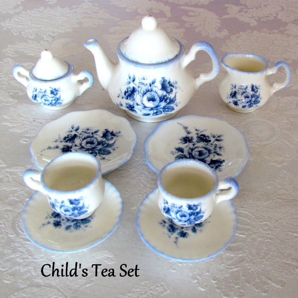 CHILDREN'S TEA PARTY, CHINA DISHES, TEAPOT CUPS PLATES CREAMER SUGAR for TWO